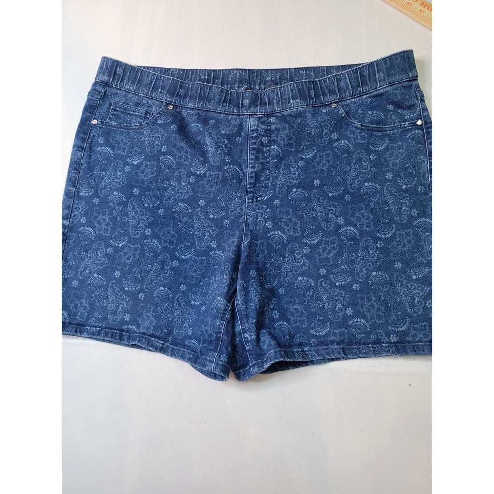 Isaac Mizrahi Live Blue Paisley Denim Shorts Womens 24W Pull On Stretch 2222